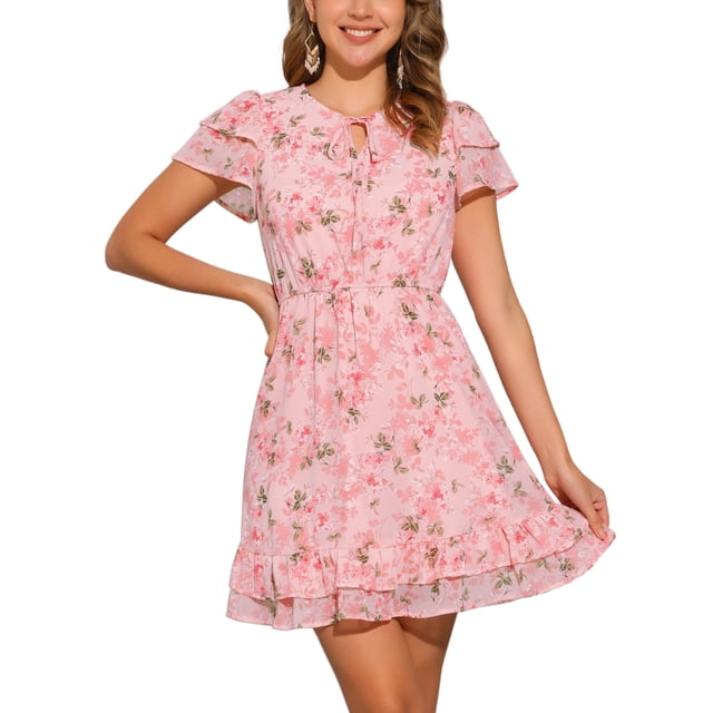 INSPIRE CHIC Women's Ruffle Sleeve Self-Tie V Neck Above Knee Ruffled A-Line Floral Chiffon Dress XL Light Pink