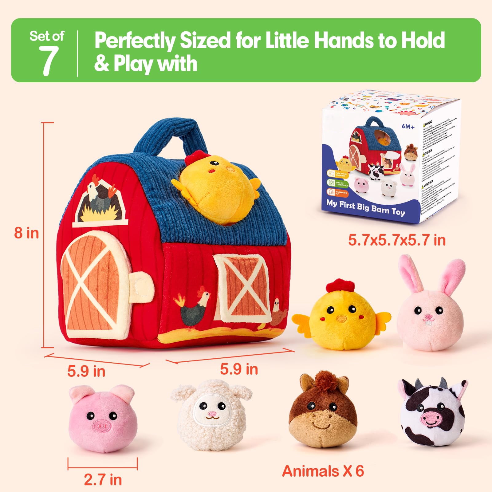 Baby Toys 6-12 Months - Surprise Barn Stuffed Farm Animals, Rattle, Crinkle, Mirror, Montessori Toys for 6 Month Old Sensory Balls 1-3 Plush Baby Valentines Day Gifts Easter Basket Stuffers