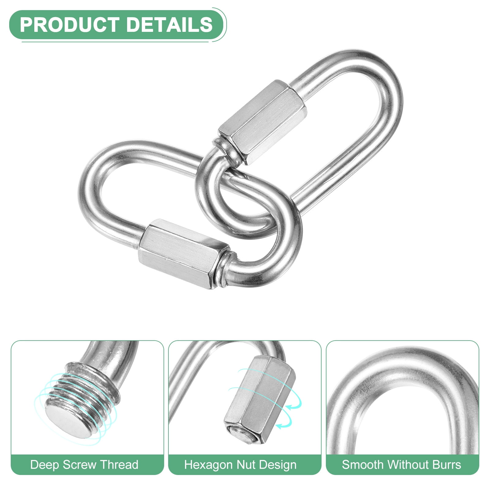 12-Pack Quick Chain Link Connector, M7 9/32 304 Stainless Steel D-Shape Locking Repair Chain Links for Swing/Camping/Hiking/Backpack, Twist Key Ring Screw Chain Link [Silver]