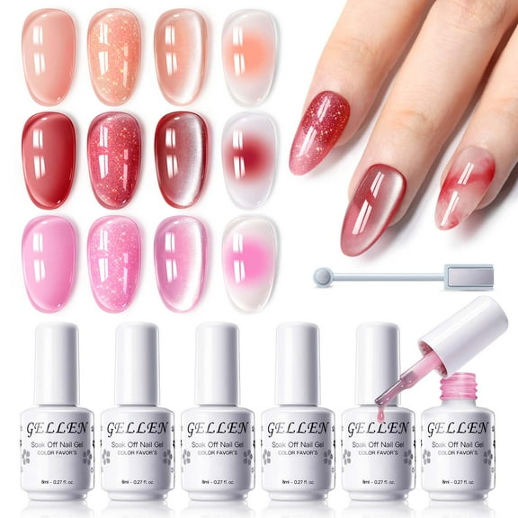 Gellen Gel Nail Polish, 6×8ml Natural 4 Effects Cat Eye & Blooming & Shimmer & Nude Gel Polish Set with Magnet, Soak off Nail Gel Kit At Home Salon Use, Orange Red Pink Series
