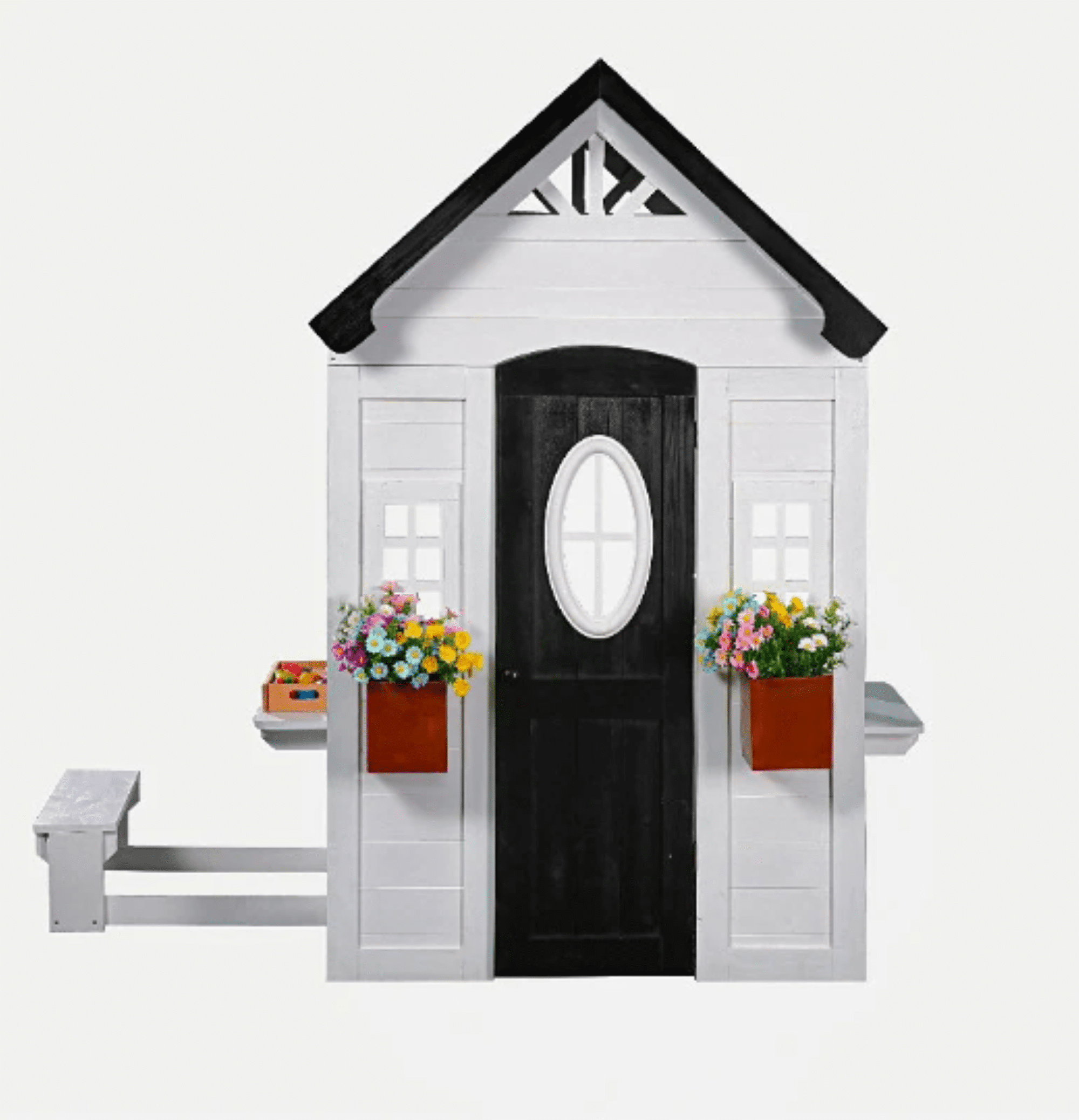 2MamaBees Zahara Playhouse | White & Black Farmhouse Design with Kitchen and Garden