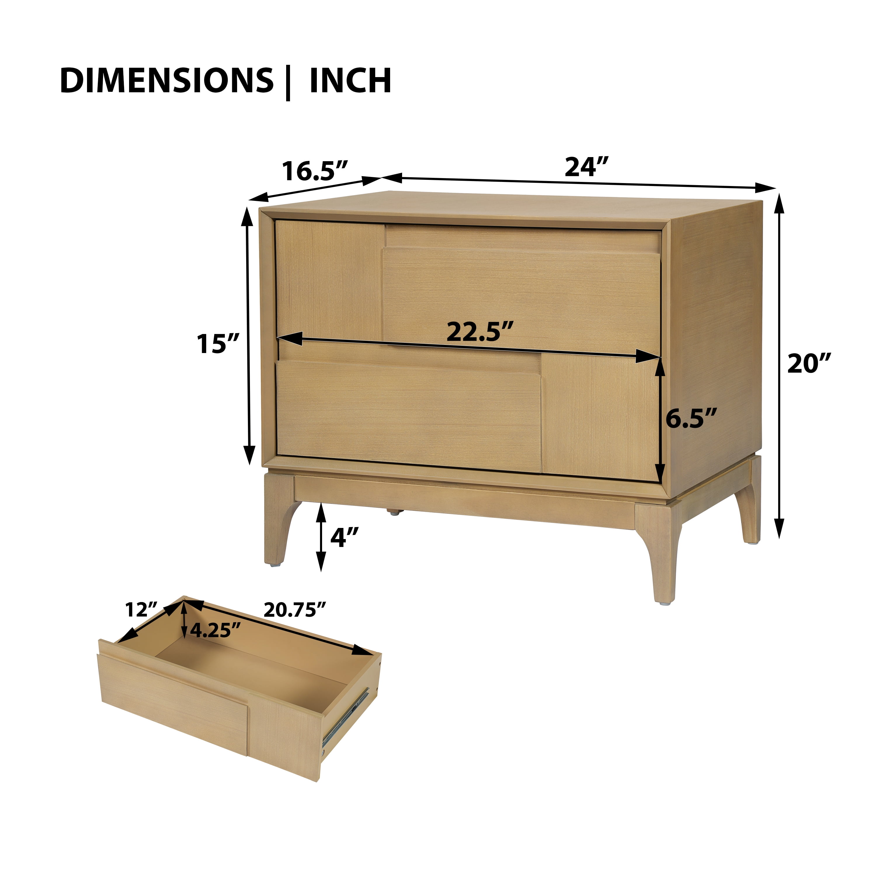 Euroco Mid-Century Modern Nightstand with 2 Storage Drawers, 24" Wide End Table with Tapered Legs,Wood Bedside Table for Bedroom,Living Room,Natural