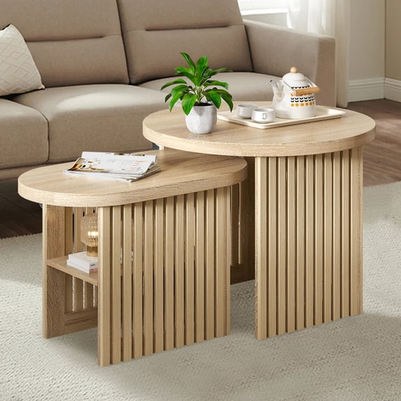 IQCNGVX Wood Round Coffee Table, Nesting Coffee Table Set of 2, Modern Stacking Side Table Set