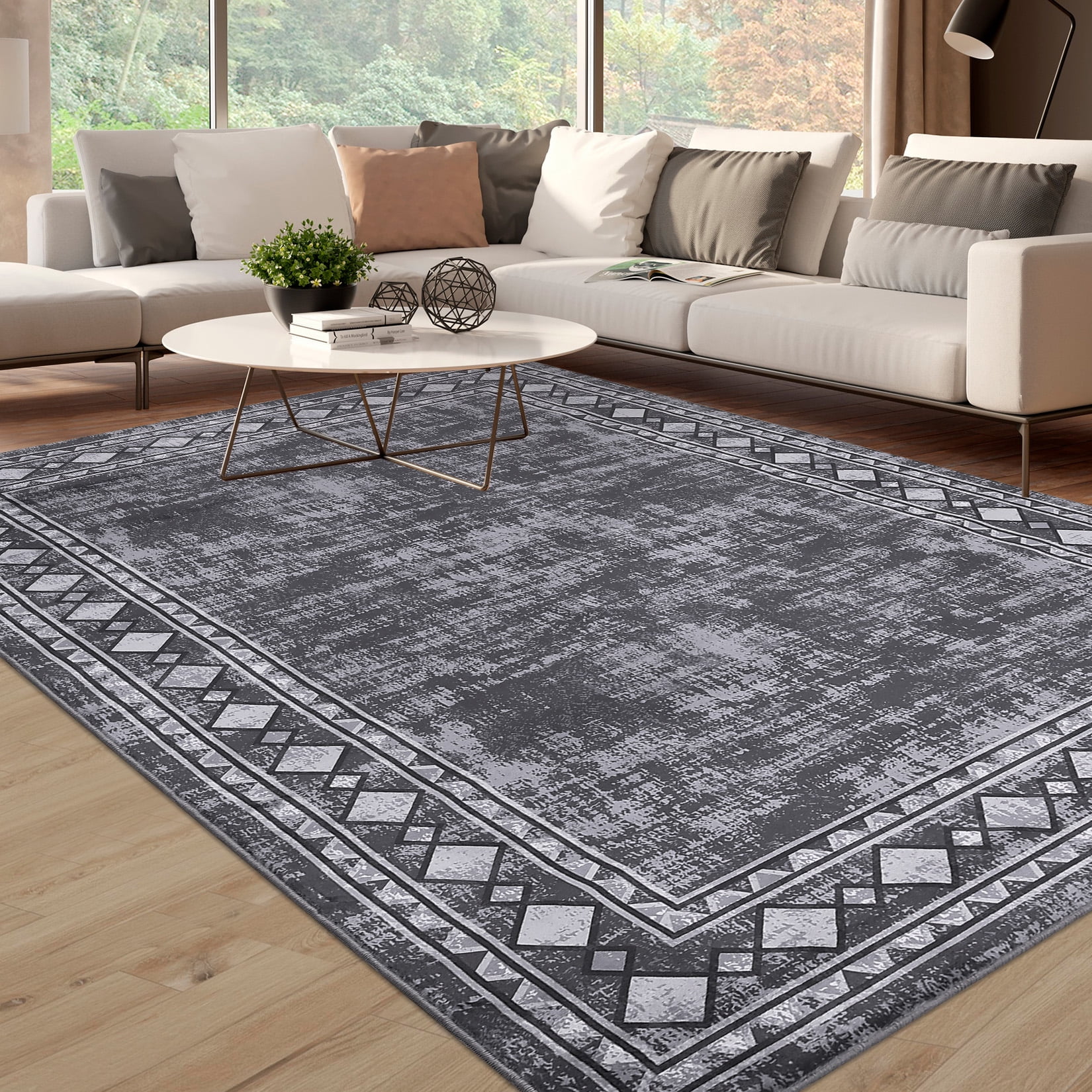 HOMERRY 10' x 13' Area Rug for Living Room Washable Bedroom Geometric Border Indoor Carpet, Gray