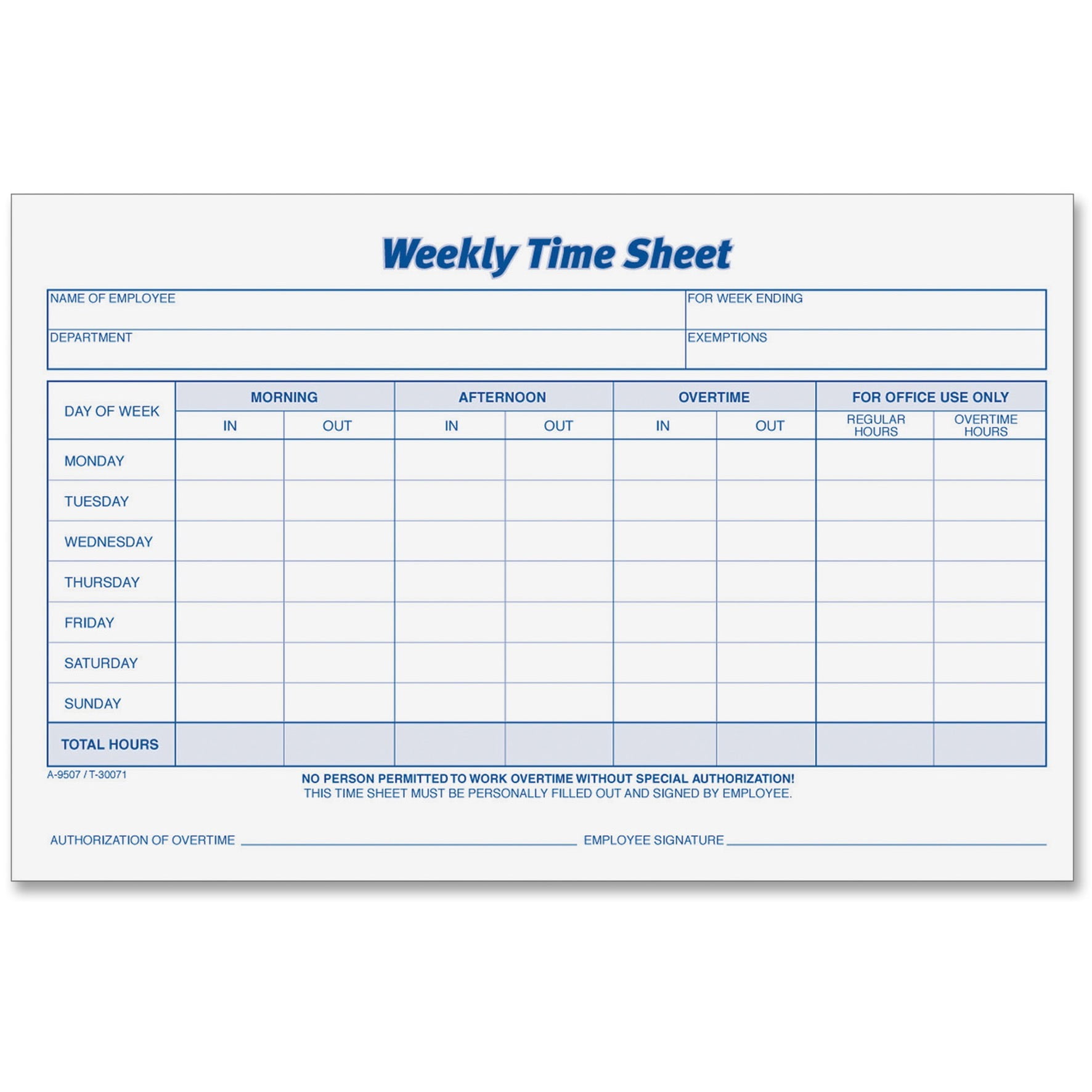 100 Pack of Forms Weekly Time Sheets on 2 Part Carbonless Paper