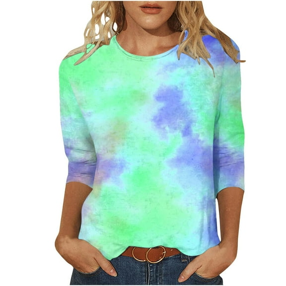 Srogem Womens Tops Long Sleeve Blouses Dressy Casual Spring Tie Dye Shirt Summer Casual Loose Sleeve Tee