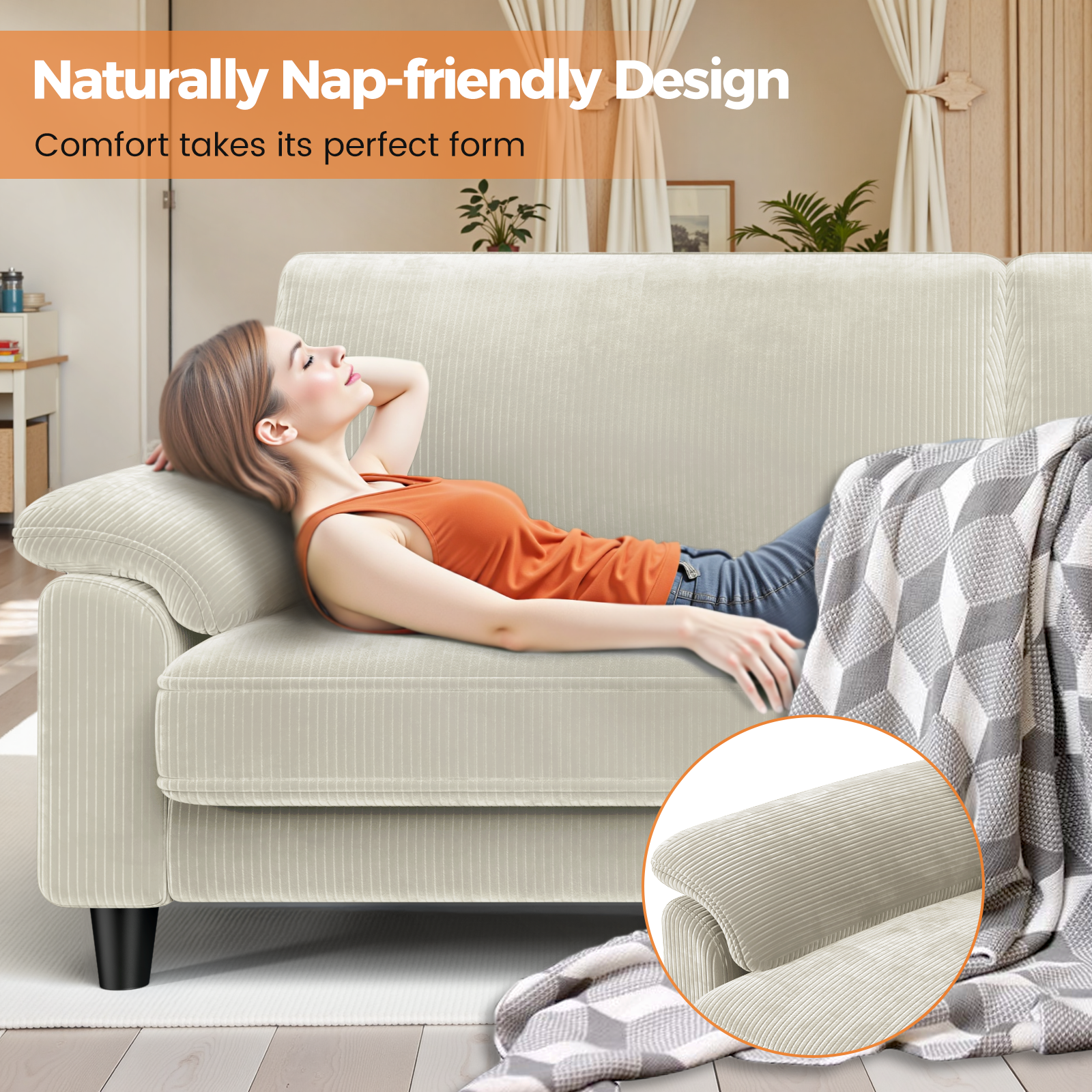 83" Corduroy Sofa,Loveseat Sofa with Extra Deep Seat Couches ,Comfy Upholstered Couch for Living Room,Tool-Free Setup with 2 Pillows,Beige