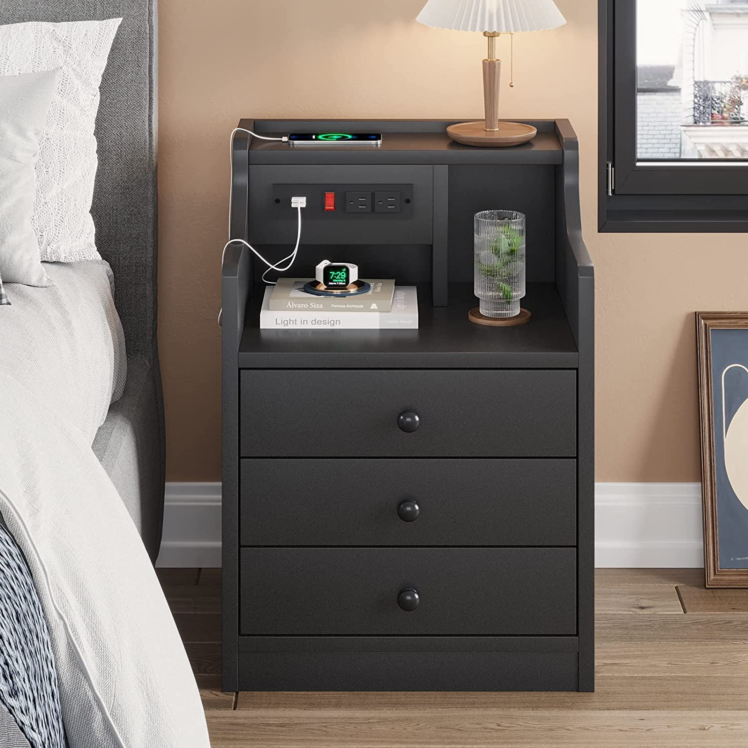 ADORNEVE Nightstand with Charging Station and 3 Storage Drawers, Bedside Table for Bedroom, Living Room, Black
