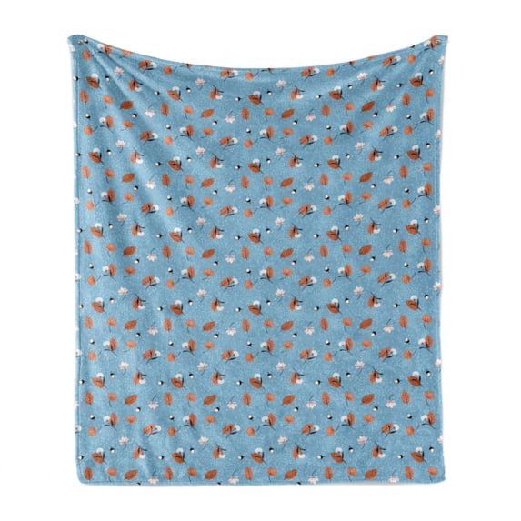 Autumn Soft Flannel Fleece Throw Blanket, Foliage Dry Leaves Pine Nuts Hand Drawn Flower Elements Fall Season, Cozy Plush for Indoor and Outdoor Use, 50" x 70", Pale Sky Blue Salmon, by Ambesonne