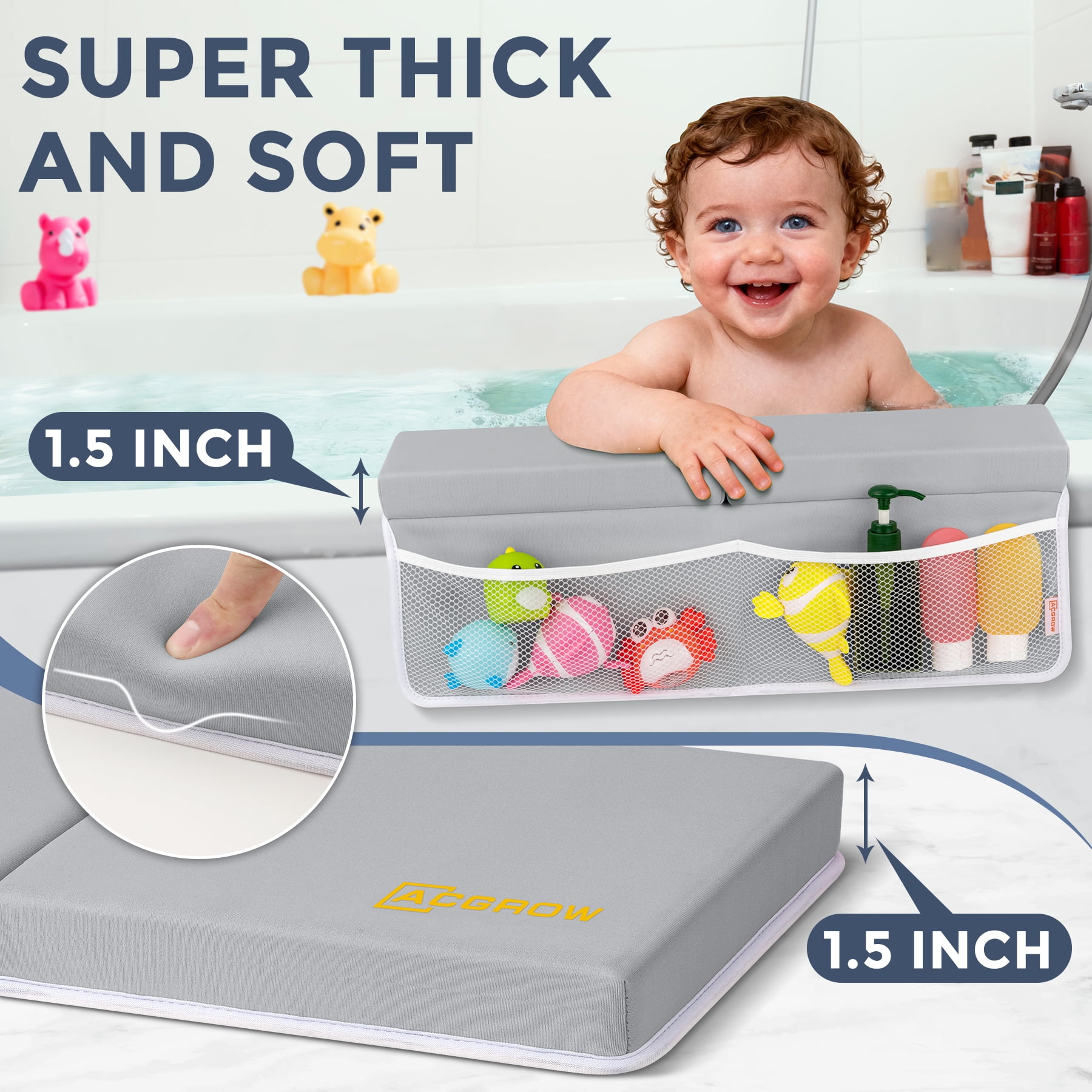 ACGROW Bath Kneeler and Elbow Rest Pad Set - 1.5" Thick Baby Bath Kneeler Pads with Toys Organizer, Anti-Slip Cozy Knee & Arm Support Bathtub Mat, Quick Dry Kneeling Pad for Baby Bath Time Gray