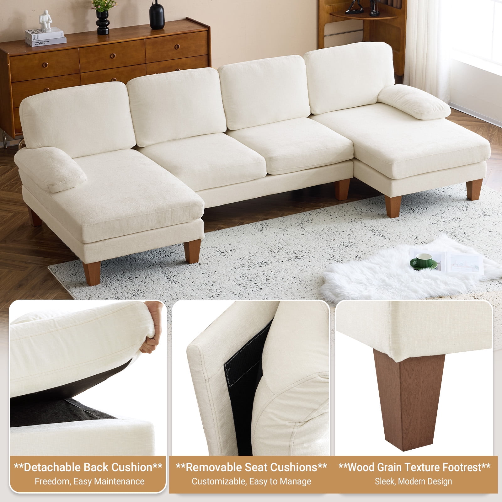 Ktaxon U-Shaped Sectional Sofa, 111"  Chenille Couch, 4 Seat Lounge Sleeper with Double Chaise for Living Room Off White