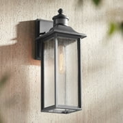 John Timberland Mission Outdoor Wall Light Fixture Black Dusk to Dawn Motion Sensor 16 1/2" Seeded Glass for Exterior House Porch