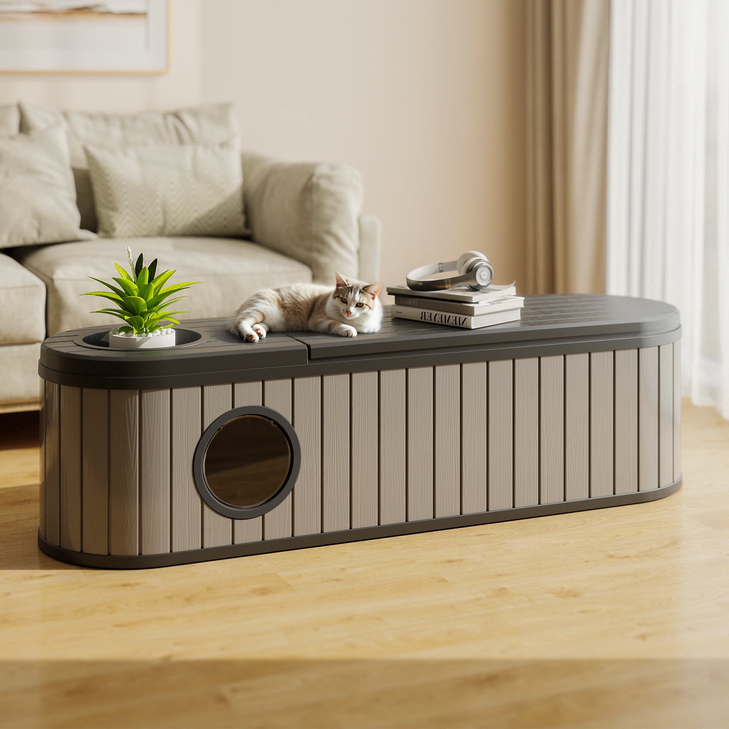 EasyUp Cat Litter Box Enclosure Resin Hidden Litter Box Furniture with Odor Control Vented Space-Saving Design Litter Box Enclosure for Indoor Outdoor Use(Black&Grey,63.11"*17.8"*17.13")