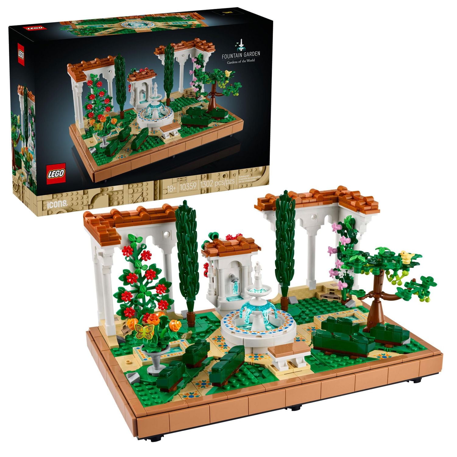 LEGO Icons Fountain Garden Building Set - DIY Kit for Adults, Ages 18+ - Miniature Craft Building Blocks for Home Decor, Display - with Cypress Trees and Grape Vines - Gift Idea for Adults - 10359