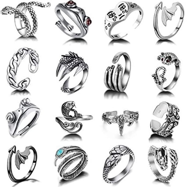 Juego De Anillos Punk Vintage De 16 Piezas Anillo Abierto De Animal Lindo Anillos Apilables Góticos Para Mujeres, Hombres Y Niñas Yuarrent AP007681-01