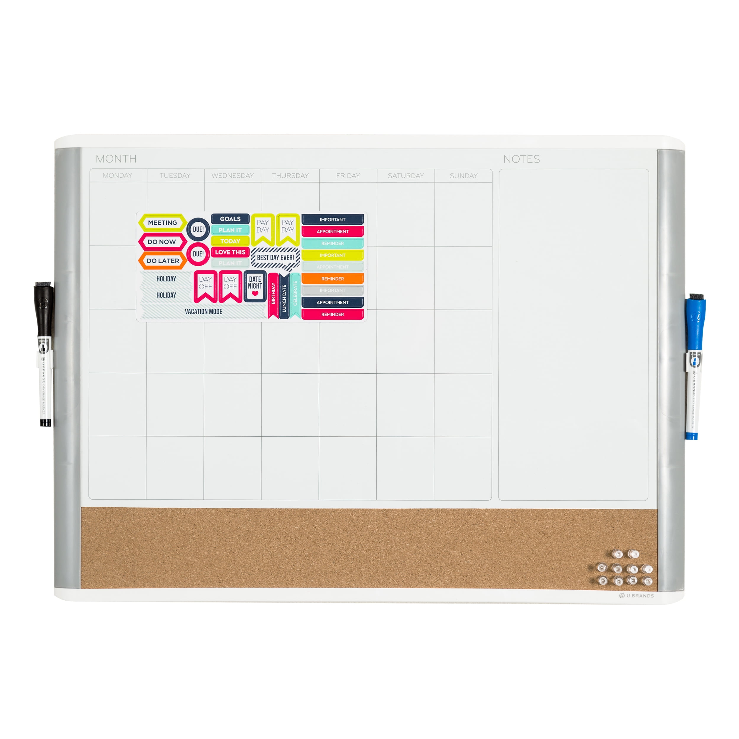 U Brands 3-In-1 Dry Erase Calendar Whiteboard, White and Gray, 3214U
