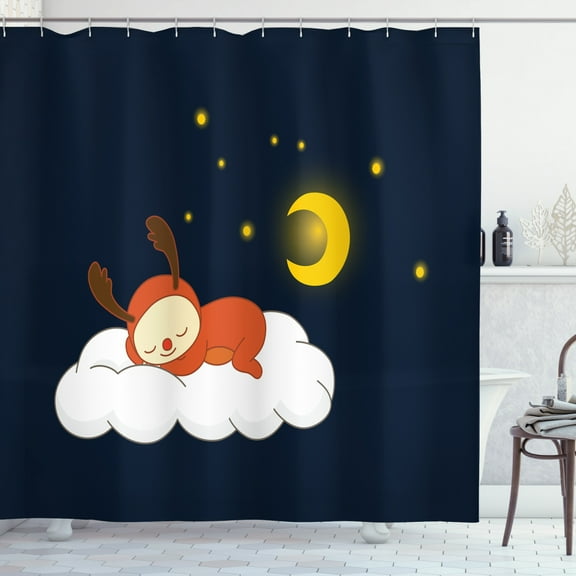 Cloud Shower Curtain, Reindeer Sleeping with Stars and Crescent Moon on Blue Shade Backdrop, Fabric Bathroom Set with Hooks, 69W X 75L Inches Long, Dark Blue Orange Yellow, by Ambesonne