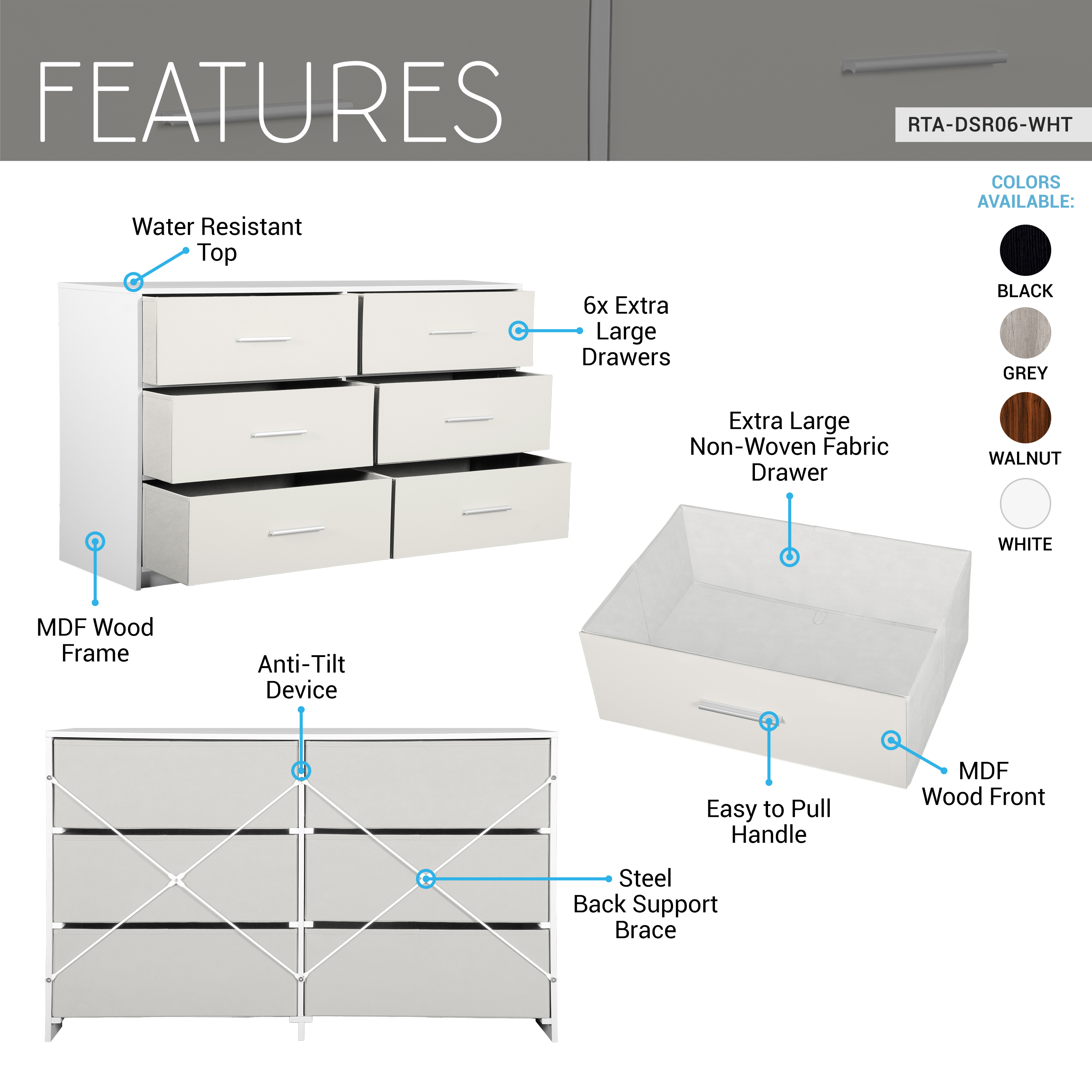 6-Drawer Dresser with Extra Large Fabric Bins, Wood Frame Storage Organizer for Bedroom, Living Room, or Hallway, Versatile Design Doubles as a TV Stand, Ideal for Home Organization, White