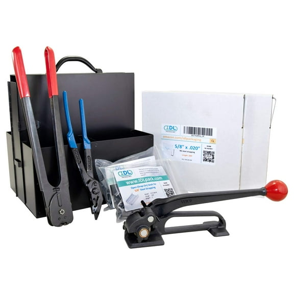 IDL Packaging 5/8" x 400' Portable Steel Strapping Kit, 1400 lbs Break Strength Strapping, Pallet Strapping Full Kit - All You Need to Secure a Pallet