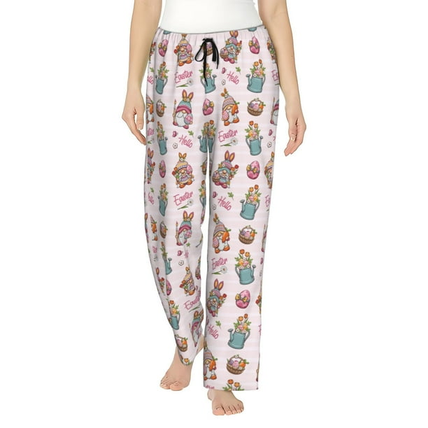 Fotbe Hello Easter Pantalones de Pijama para Mujer, Pantalones de Dormir, Pantalones Pj con Cordón y Bolsillos-Small