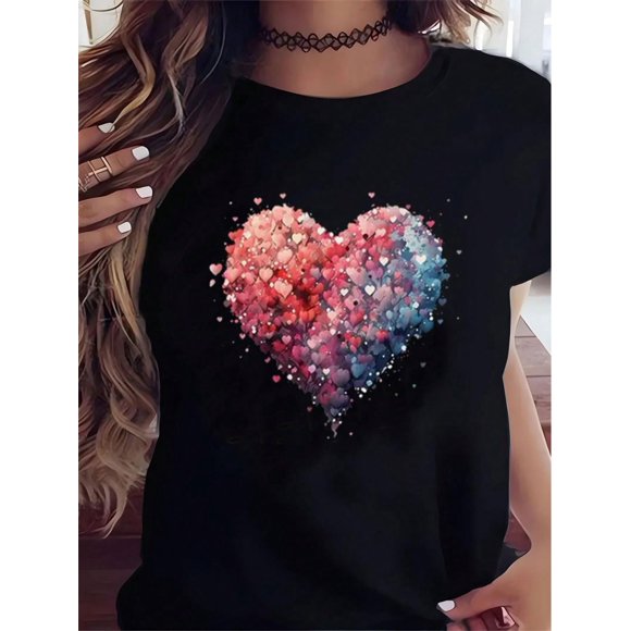 Vibrant Valentine's Day Heart Graphic Tees Stylish Crew Neck Women Casual Round Neck Short SleeveFatCamisetas para mujer, lindas camisetas con estampado gráfico, de manga corta, estilo casual, para ve