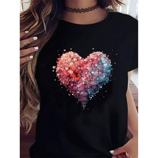 Vibrant Valentine's Day Heart Graphic Tees Stylish Crew Neck Women Casual Round Neck Short Sleeve