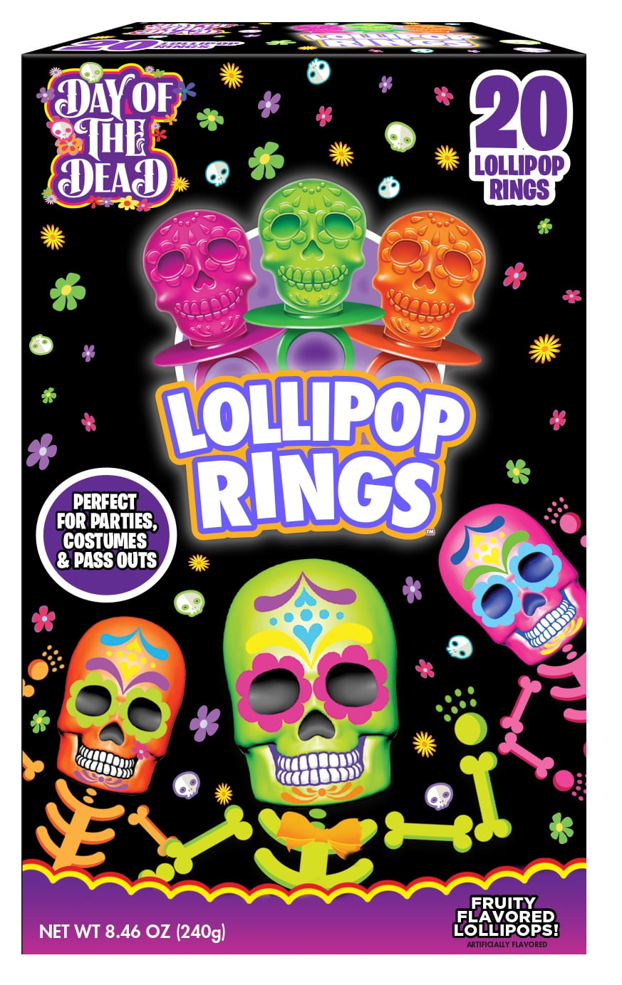 Flix Candy Day of The Dead Lollipop Rings With Assorted Flavors, 20 Count