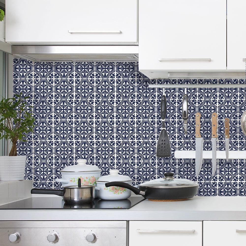 Encaustic Peel and Stick Backsplash, Blue Patterned Stick on Tile, Self-Adhesive Wall Tile Sticker for Kitchen Bathroom Fireplace Stairs, 9 Sheets