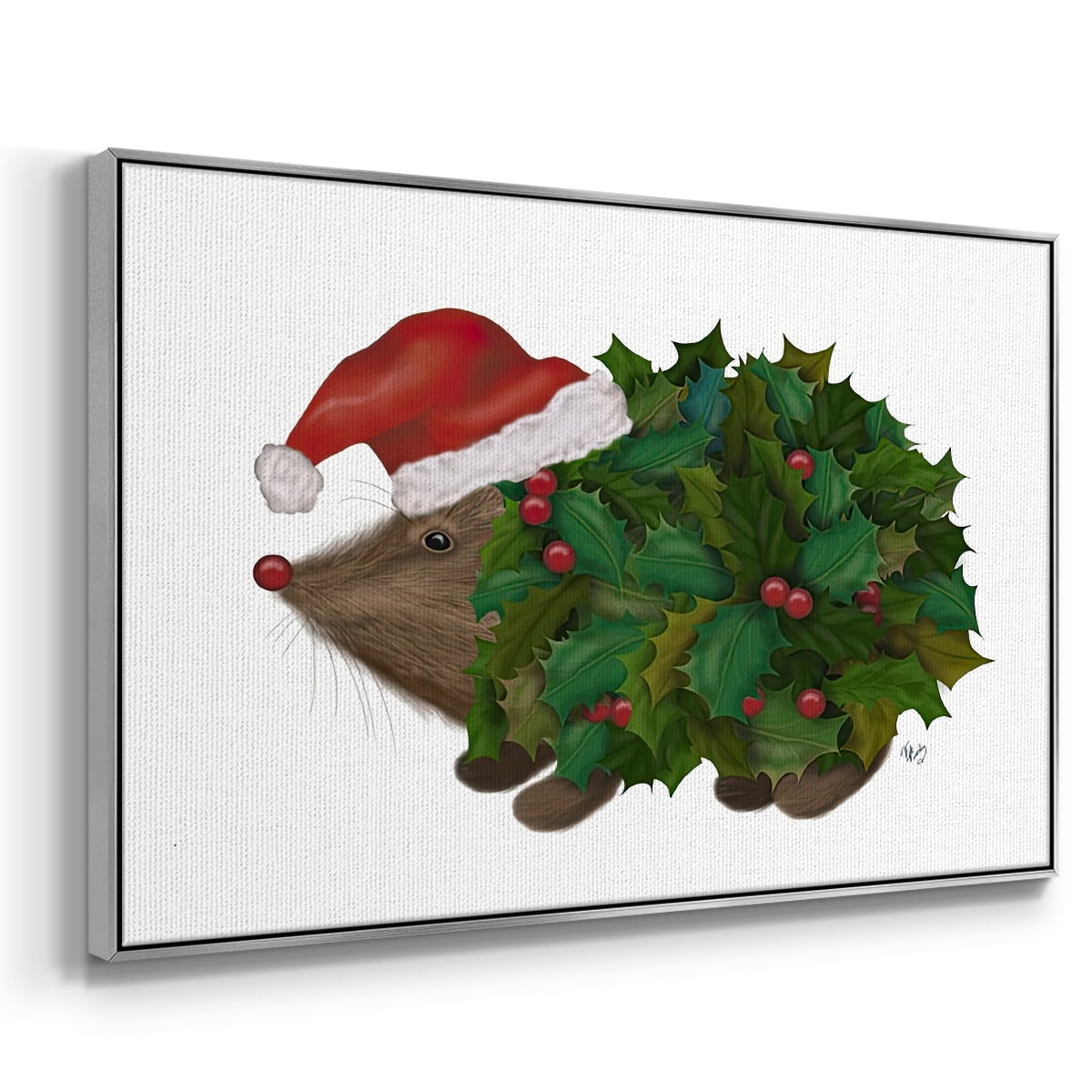Christmas Holly Hedgehog - Framed Gallery Wrapped Holiday Canvas - 17 x 25 - Silver Frame