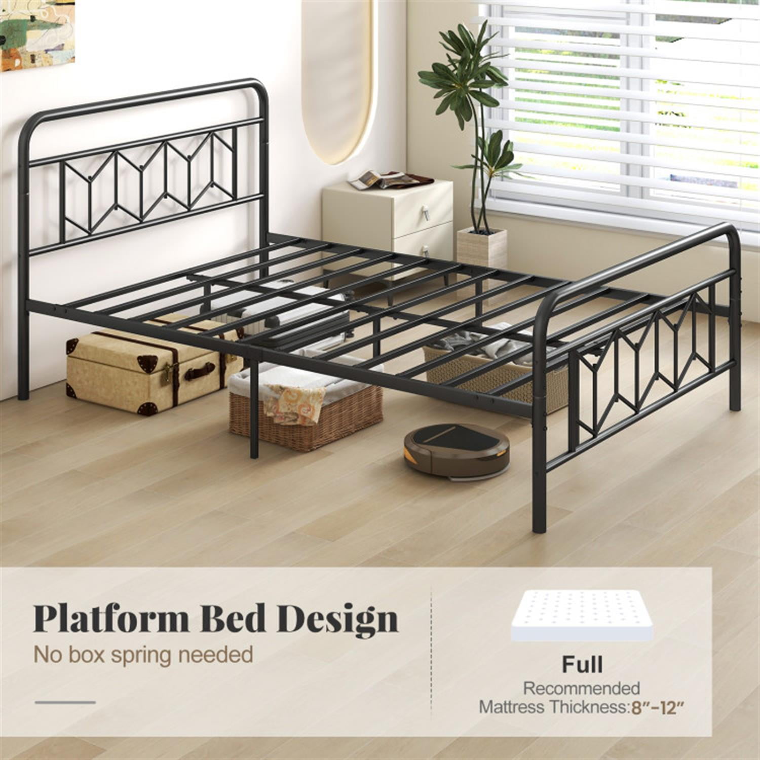 Demi Bonn Full Size Bed Frame with High Headboard and Snap Lock Metal Slats, Platform Bed Frame with Under Bed Storage, No Box Spring Needed, Black