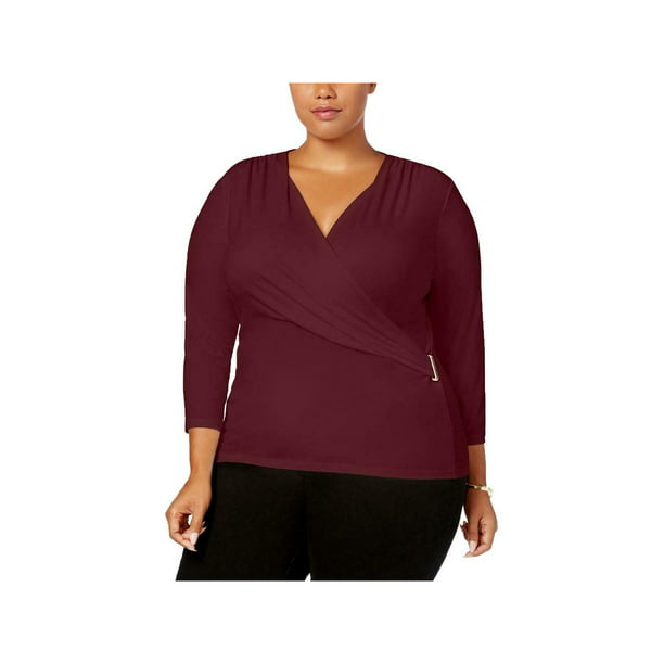 Charter Club - CHARTER CLUB Womens Solid Long Sleeve V Neck Wrap Top