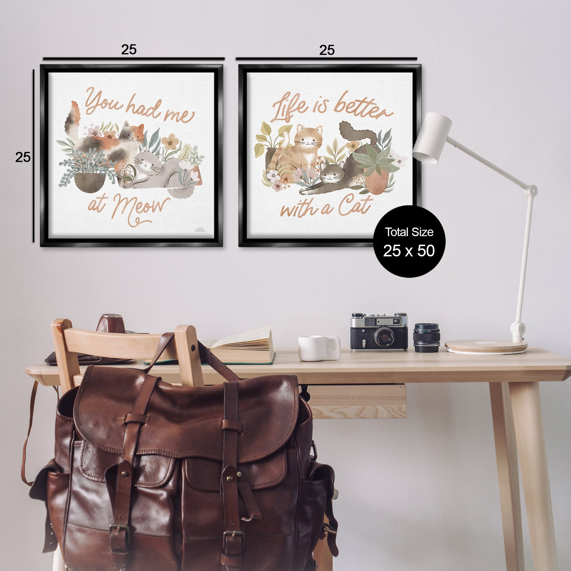 Stupell Industries Garden Friends Cat Phrases Animals Painting Black Floater Framed Canvas Art Print Wall Art, 25 x 25, Set of 2