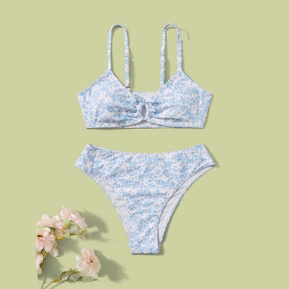 IROINID Girl's Two Piece Bathing Suit Floral Print Bikini Swimsuit 8-14 Years Blue 12Y
