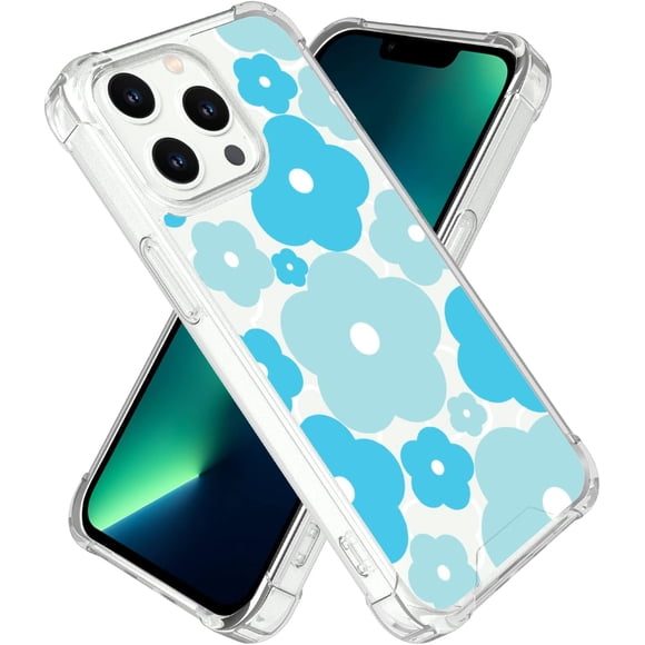 for iPhone 13 Pro Case Cute Kawaii Blue Flower Floral Aesthetic Clear Phone Case for Girls Preppy Women - 6.1