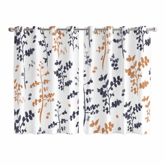Grey Orange Botanical Kitchen Curtains Window Panels, Watercolor Spring Floral Summer Leaf Insulated Window Treatment Curtain, Grommet Curtains for Bedroom/Living Room/Bathroom, 2 Piece 52"Wx72"L
