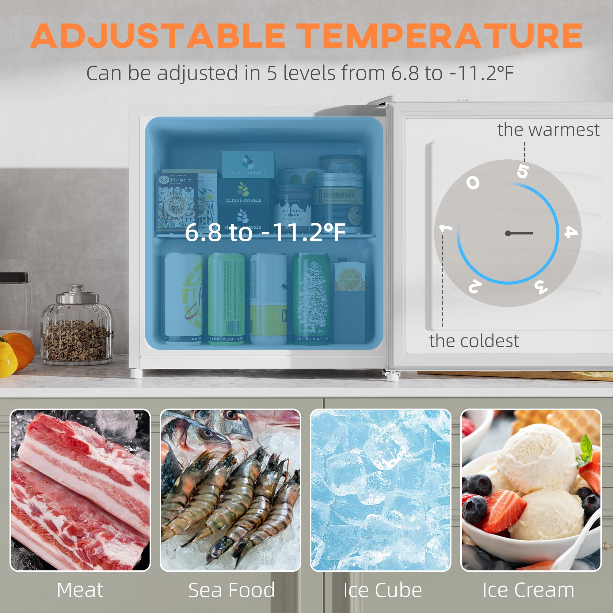 HOMCOM Mini Freezer Countertop, 1.1 Cu.Ft Compact Upright Freezer with Removable Shelves, Reversible Door for Home, Dorm, Apartment and Office, gray