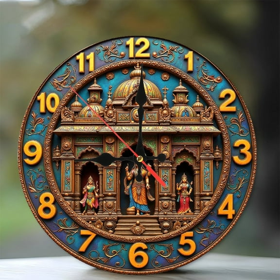 Indian Temple Wall Clock Decorative  Antique Style 10-Inch Silent Wooden Wall Clock, Battery Operated (AA Batteries Not Included), Artistic Home Decor