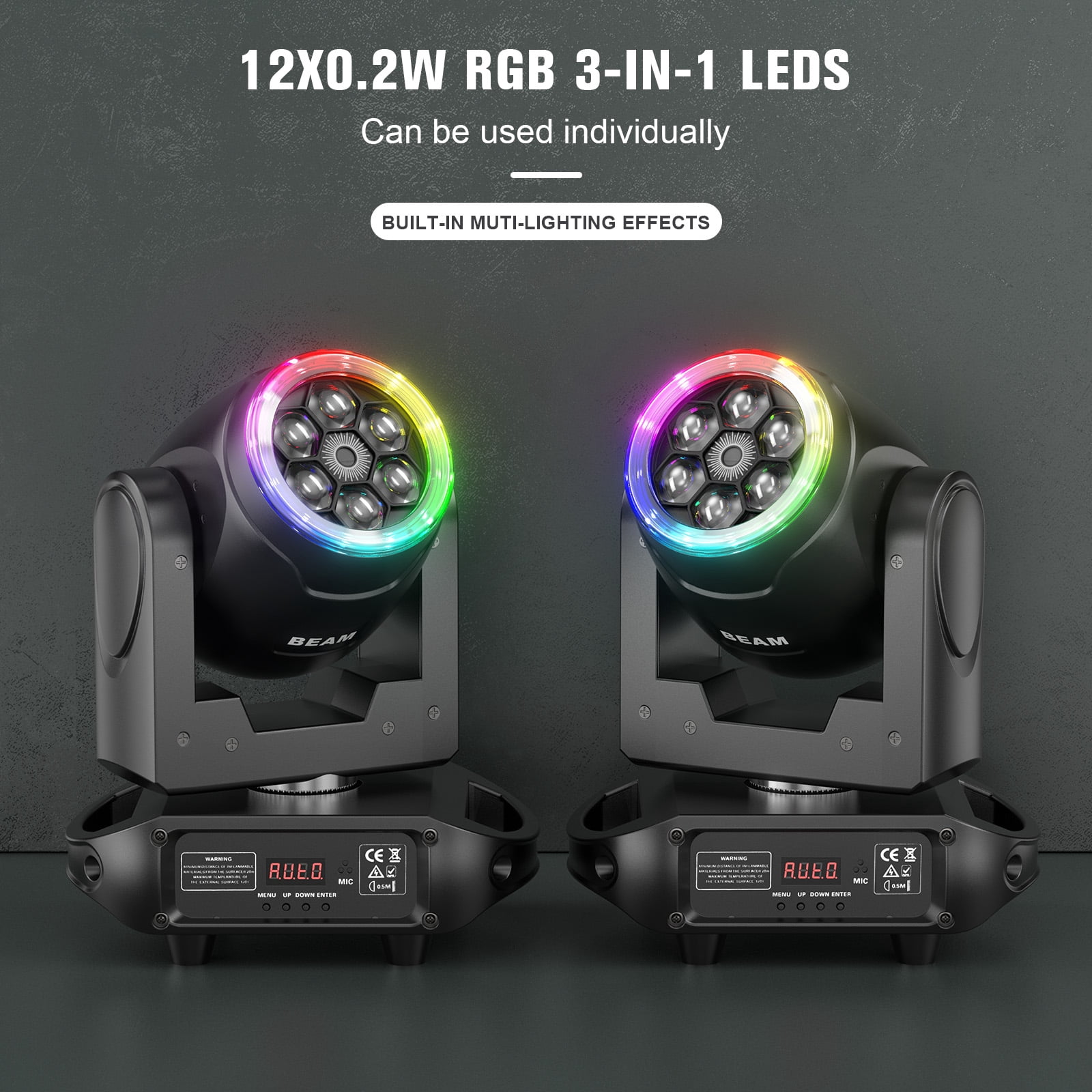 2PCS LED Moving Head Light, 6 Bee Eyes RGBW DMX Strobe Beam DJ Disco Stage Lighting w/ Light Strip