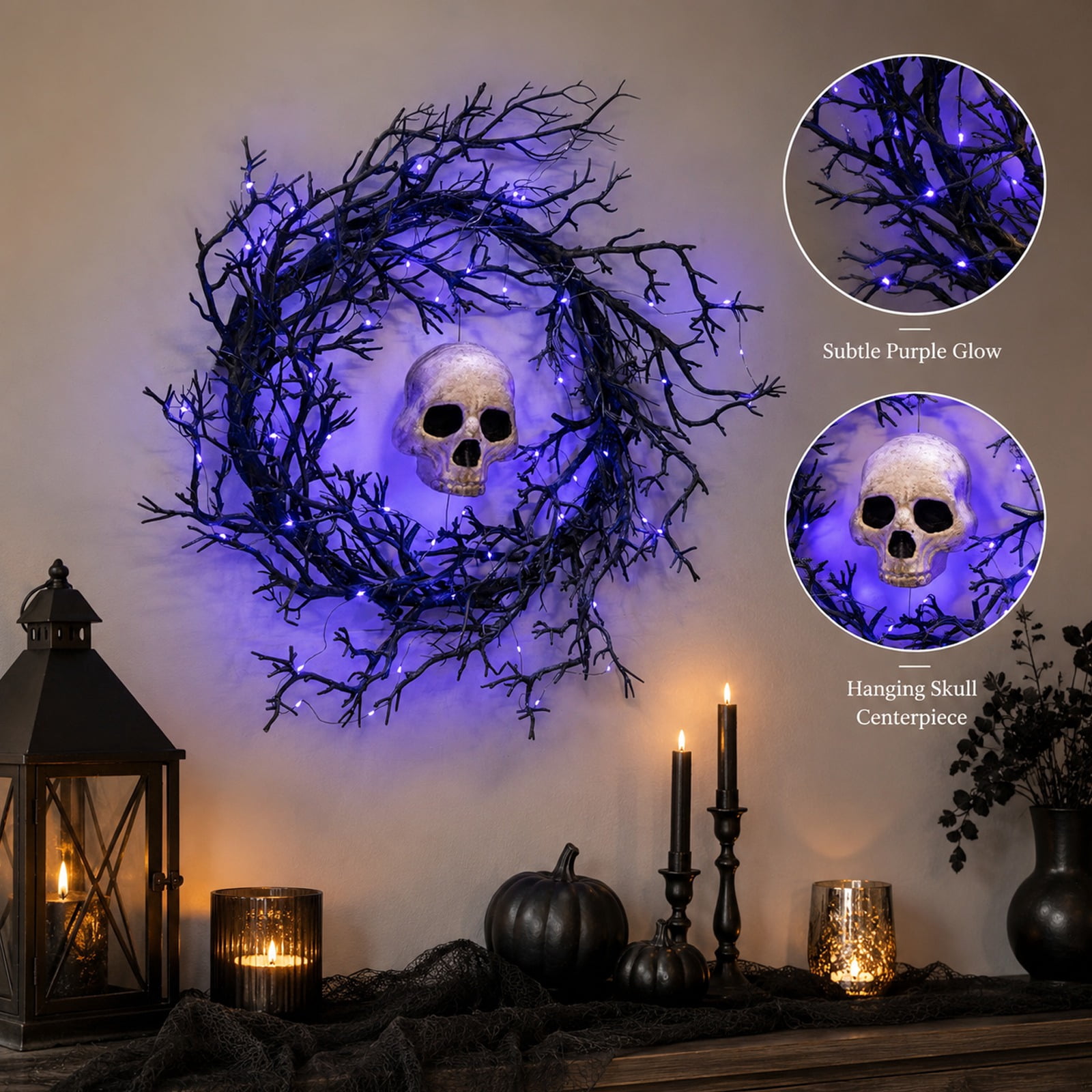 20 Inch Pre-Lit Halloween Ghost Wreath with Lights for Front Door, Spooky Illuminated Door Hanger Wreath for Outdoor Porch Wall Yard Holiday Party Home Decoration