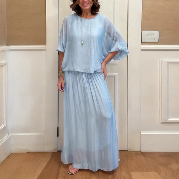 Women's Fall Casual 2-Piece Set 3/4 Sleeve Top & High Waist A-Line Skirt Light Blue S