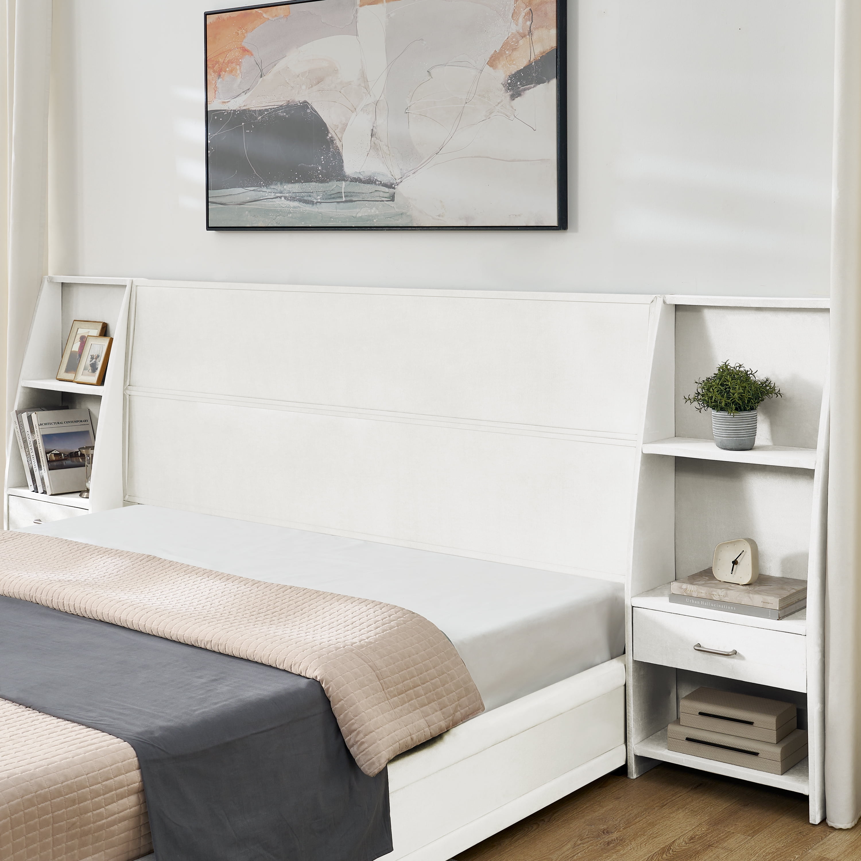 King Size Platform Bed Frame with Glossy Velvet Headboard, Side Bookcases & Drawer