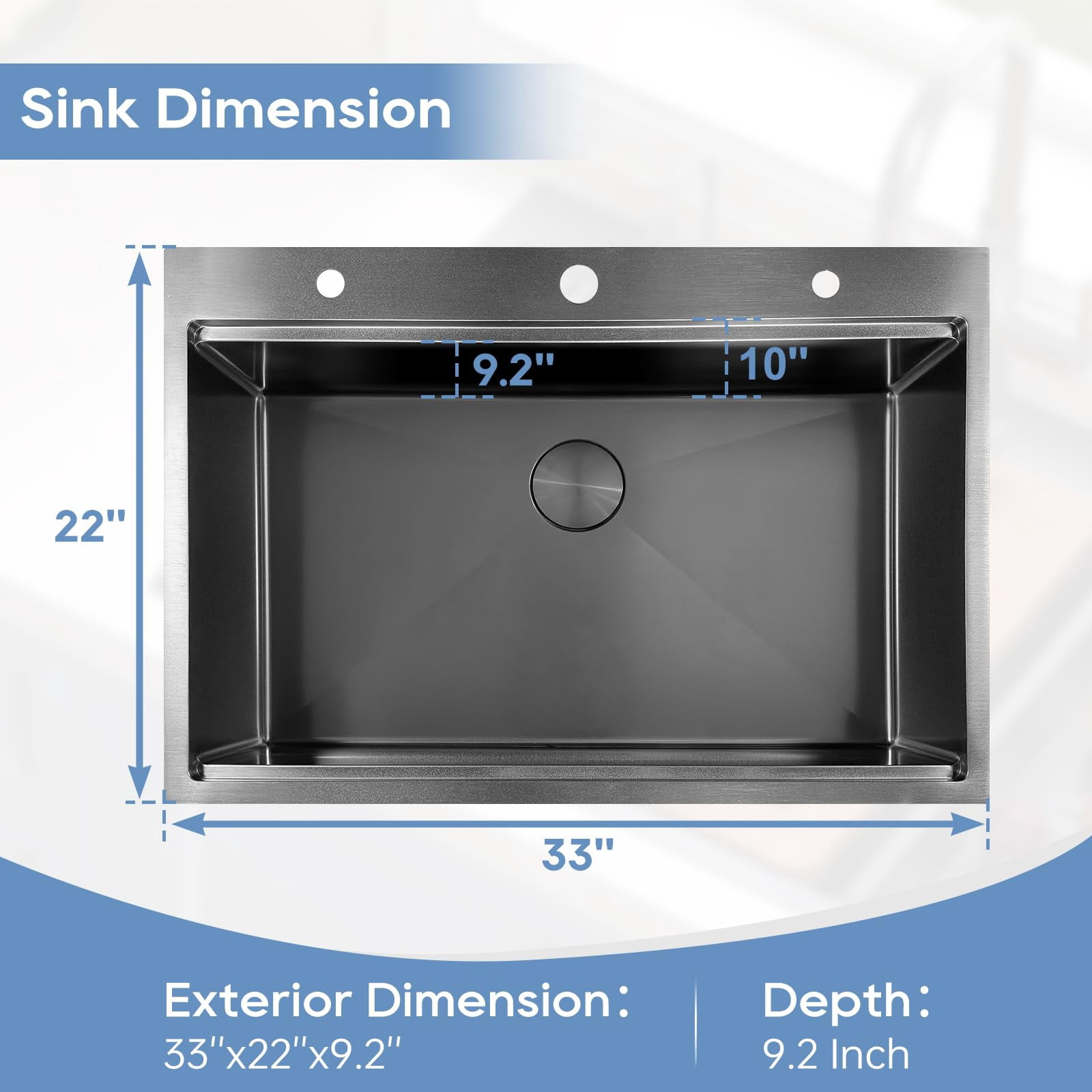 DELUXE LIVING 33 Inch Drop In Kitchen Sink with Accessories, 16 Gauge Single Bowl 304 Stainless Steel Stepped Sink, Workstation Kitchen Sinks 5 Accessories include Drain Strainer, Gun black