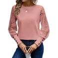 thumbnail image 3 of Women'S Solid Color Long Sleeve Embroidered Lace Stitching Waffle Round Neck Top Pink L, 3 of 8