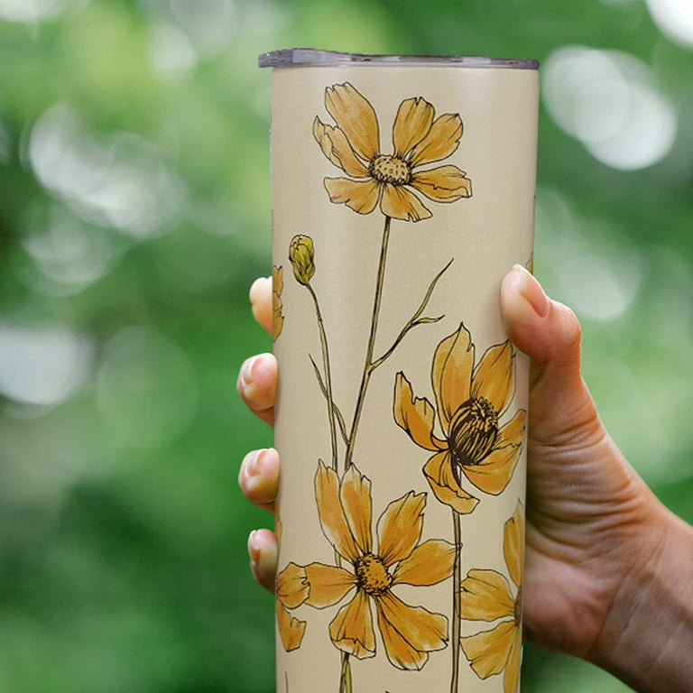Flower Tumbler 20 oz Travel Coffee Mug Floral Print Skinny Tumblers with  Lid and Straw Stainless Steel Insulated Coffee Cups Gift for Flower Lover