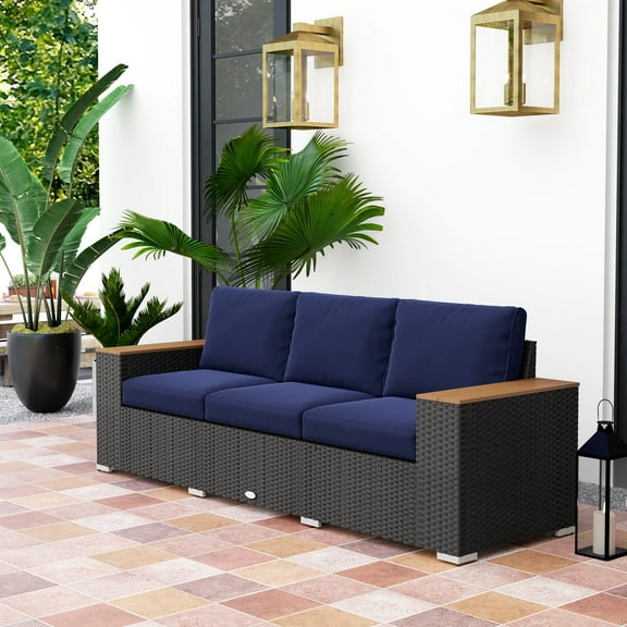 Outsunny Thick Cushioned 3-Seater Outdoor Sofa, Wood Grain Wide Armrests, Patio Couch, Navy Blue