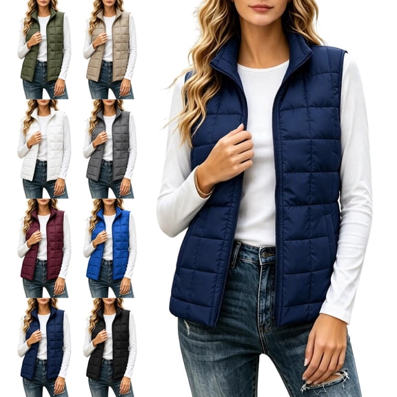 Puffer Vest for Womens Lightweight Sleeveless Quilted Jackets Stand Collar Zip‑Up Fall Spring Winter Zip Up Coat Outerwear with Pockets