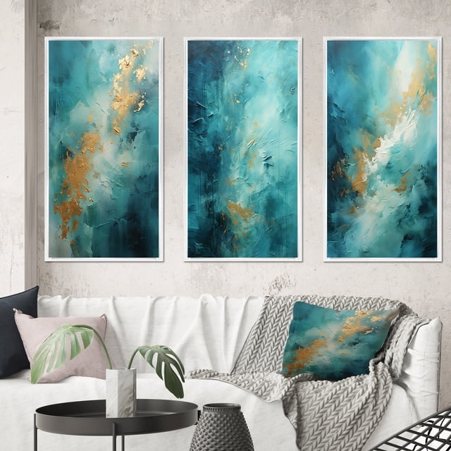 Designart "Turquoise Calm IV" Abstract Landscape Framed Wall Art Set Of 3 - Teal Landscapes Frame Canvas Set For Living Room Decor