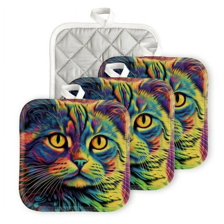 

Bahomeck Pot Holder 4Pcs Cat With Psychedelic Colors Square Heat Resistant Hot Pads For Kitchen Cooking Oven With Hanging Loop Potholder Easy To Store