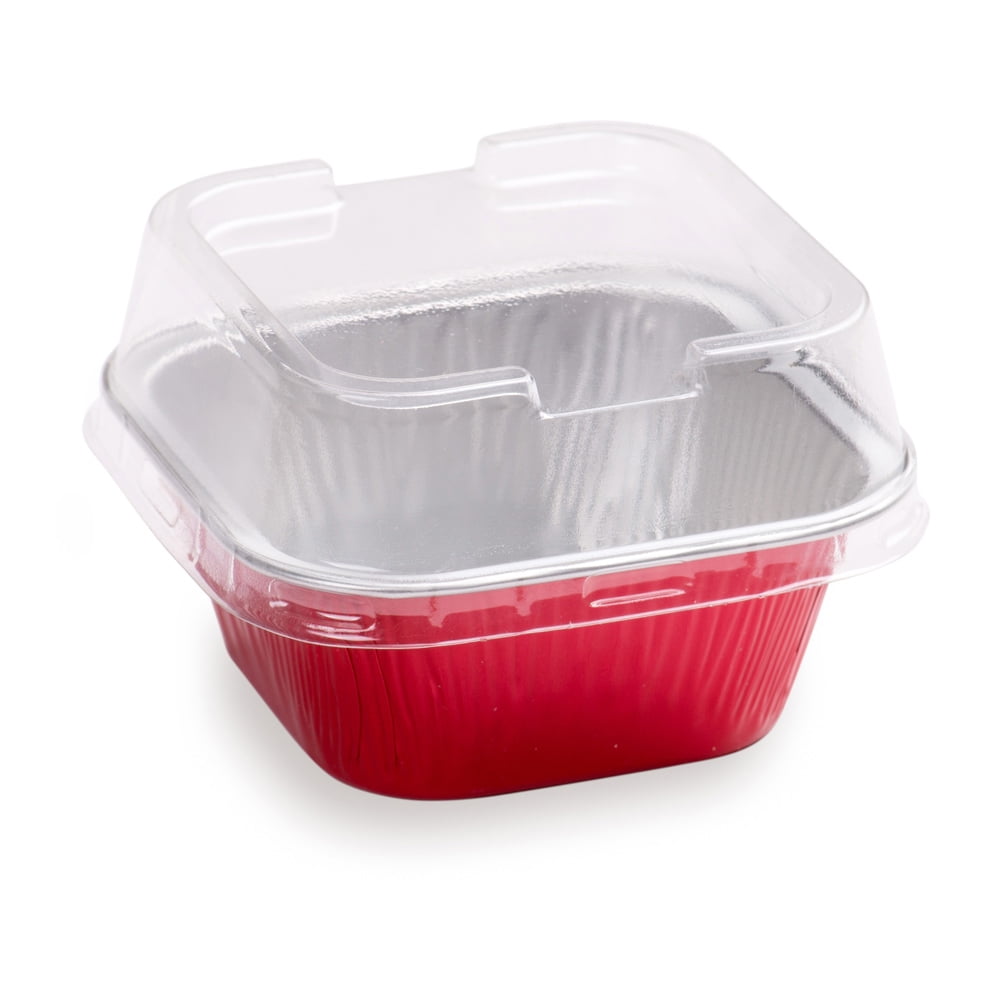 3 oz Square Red Aluminum Quadro Baking Cup with Plastic Dome Lid 3