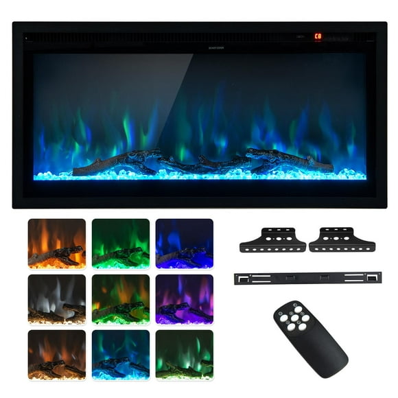 Giantex 36/42/50 Inch Electric Fireplace, Linear Fireplace Insert w/ Remote Control, Wall Mounted/Recessed/Frestanding Electric Fireplace Heater, 750W/1500W